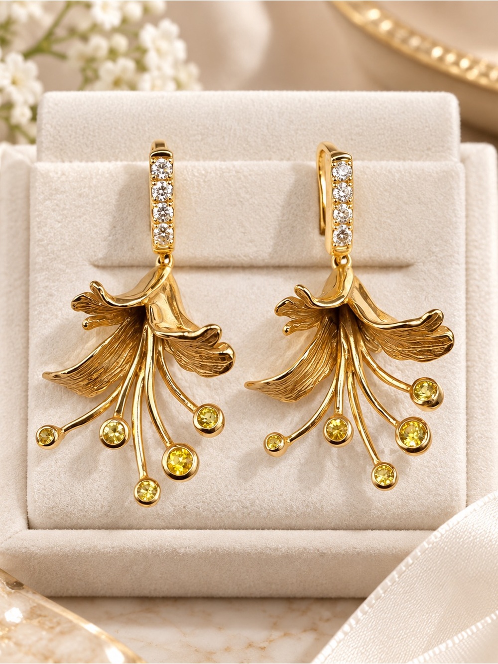 YELLOW SAPPHIRE & DIAMONDS 14k YELLOW GOLD HONEYSUCKLE DANGLE EARRINGS SOUTHERN